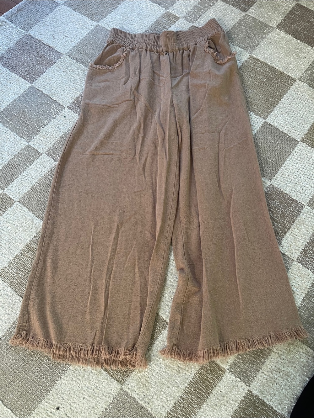 Umgee Cropped Wide-Leg Pants in Brown with Fringe Hem